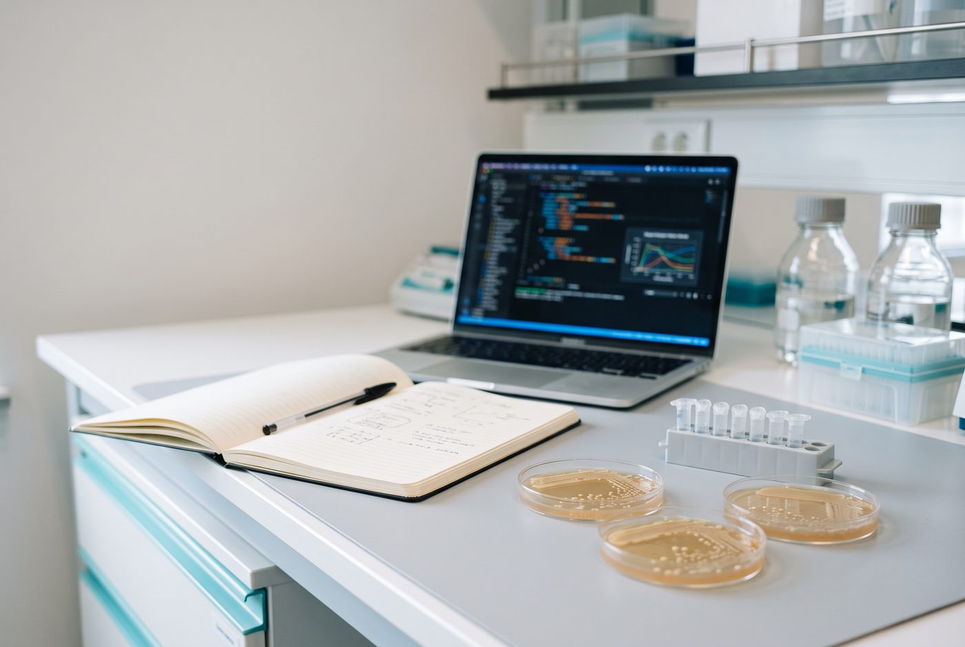 A lab bench with streaked Petri dishes, a rack of tubes, an open lab notebook and a laptop showing analysis code.