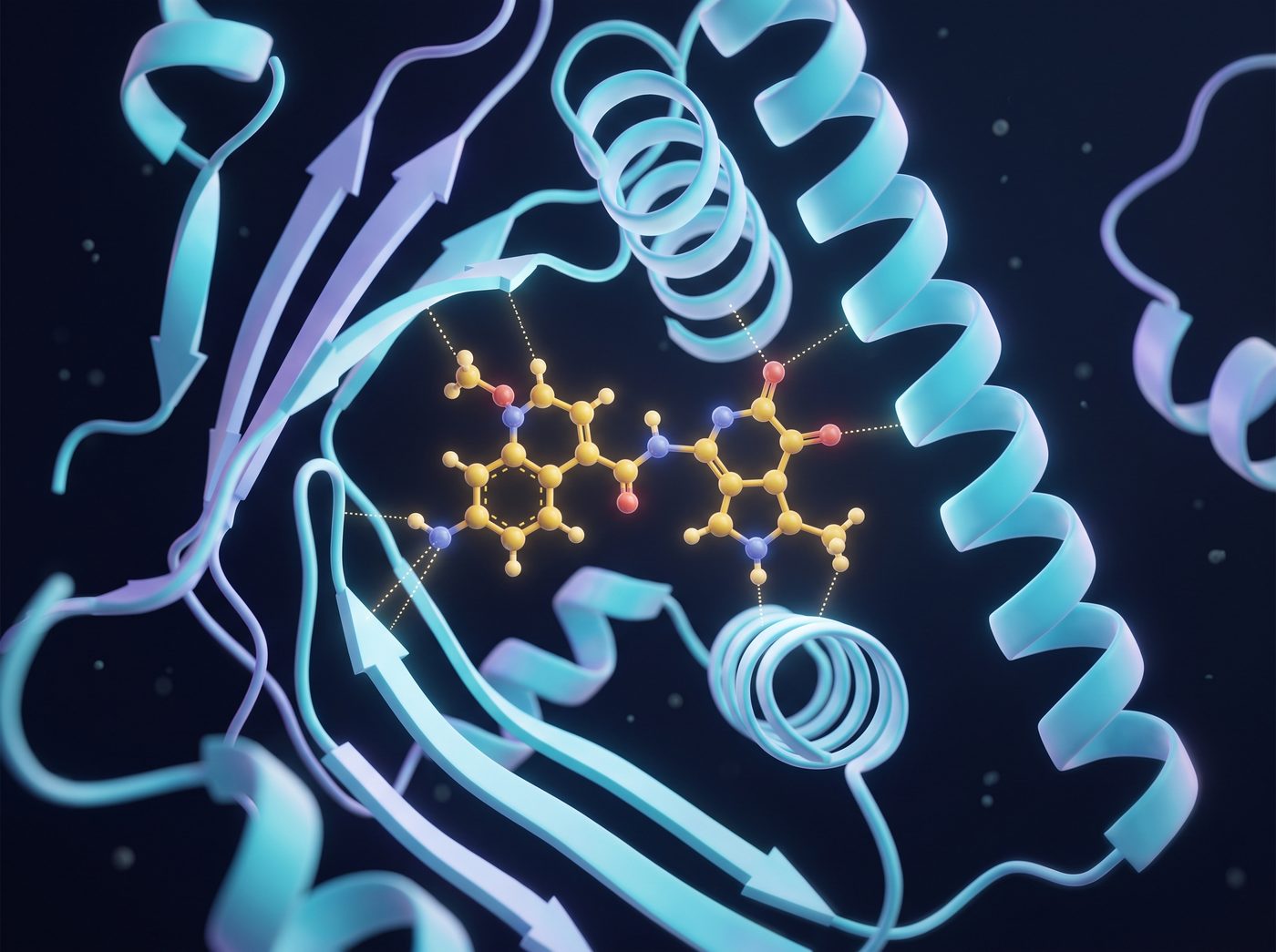 Illustration: protein ribbons, helices and strands in cyan and violet, around a small drug-like molecule in yellow, with dotted lines where the two interact.